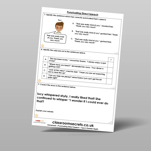 An image of the Punctuating Direct Speech Homework Resource