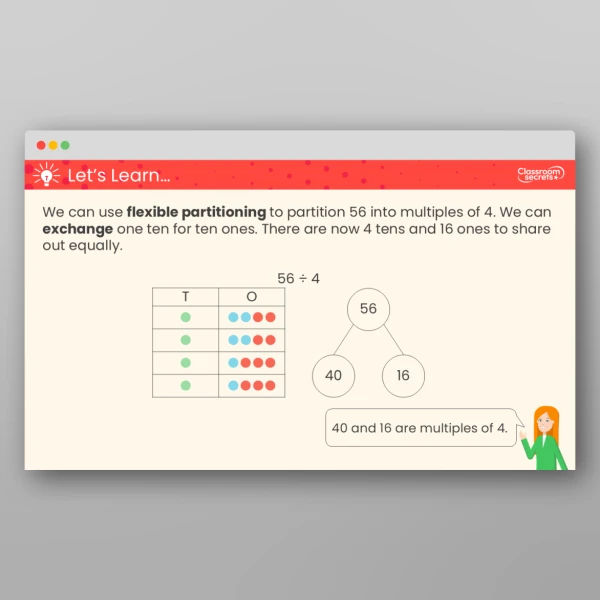 An image of the Divide a 2-Digit Number by a 1-Digit Number - Flexible Partitioning Teaching PPT Resource