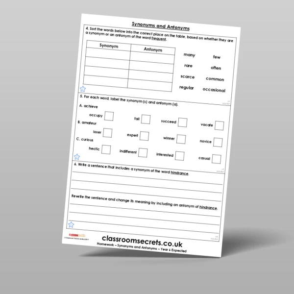 An image of the Synonyms and Antonyms Homework Resource