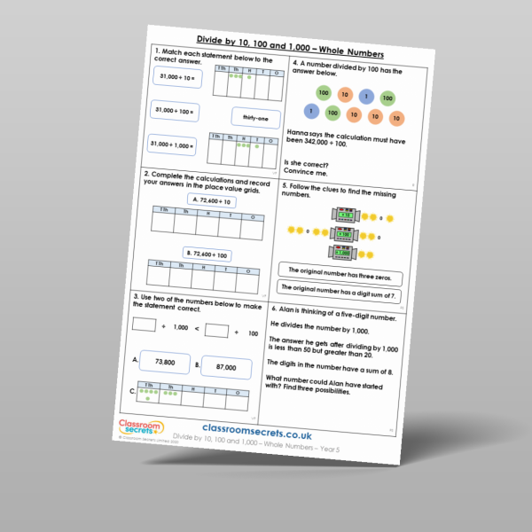 Year 5 Divide By 10 100 And 1 000 Whole Numbers Mixed Activity Resource ...