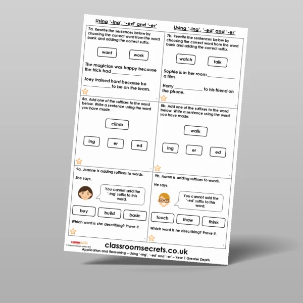 An image of the Using '-ing', '-ed' and '-er' Application and Reasoning Resource