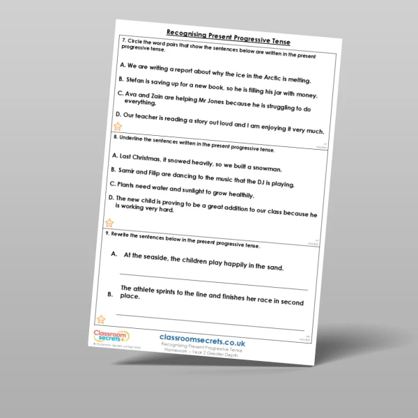An image of the Recognising Present Progressive Tense Homework Resource