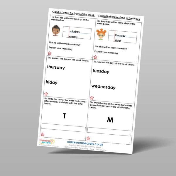 An image of the Capital Letters for Days of the Week Application and Reasoning Resource