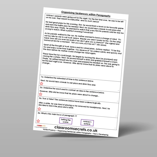 An image of the Organising Sentences within Paragraphs Varied Fluency Resource