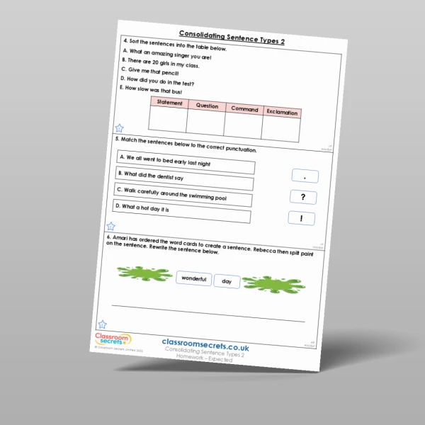 An image of the Consolidating Sentence Types 2 Homework Resource