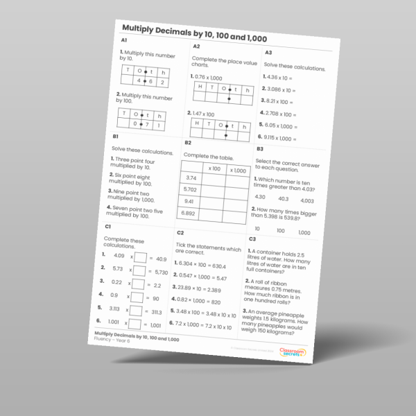 Year 6 Multiply Decimals By 10 100 And 1 000 Fluency Matrix Resource ...