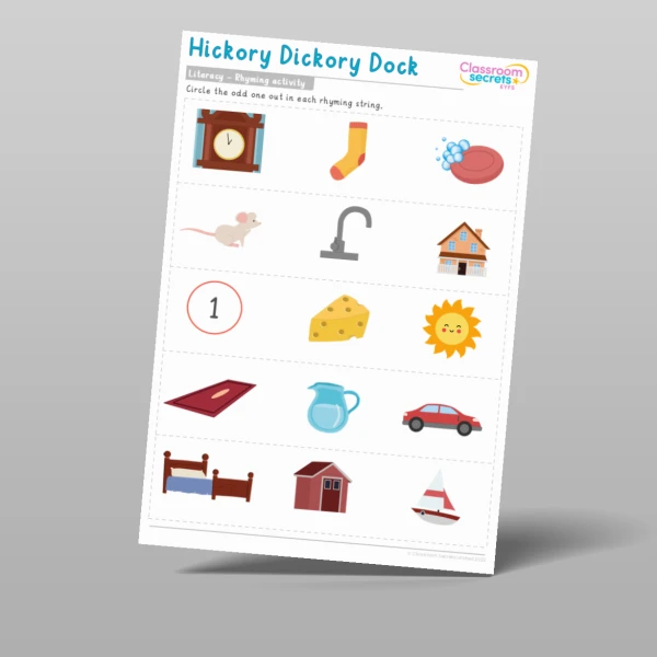 An image of the Hickory Dickory Dock Rhyming Activity Resource