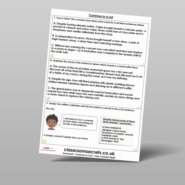 An image of the Free Commas in a List Homework Resource