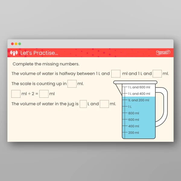 An image of the Measure Capacity and Volume in Litres and Millilitres Teaching PPT Resource