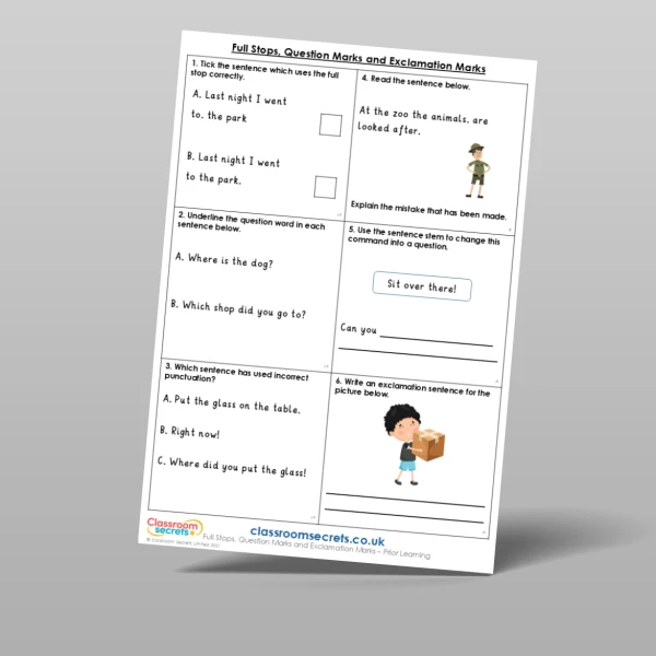 An image of the Full Stops, Question Marks and Exclamation Marks Prior Learning Resource