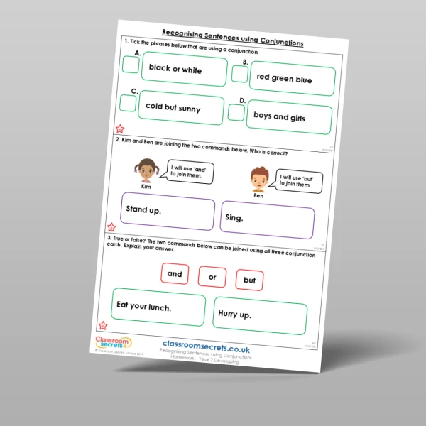 An image of the Recognising Sentences using Conjunctions Homework Resource