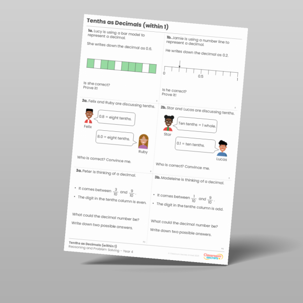 Tenths as Decimals (within 1) Reasoning and Problem Solving Resource ...