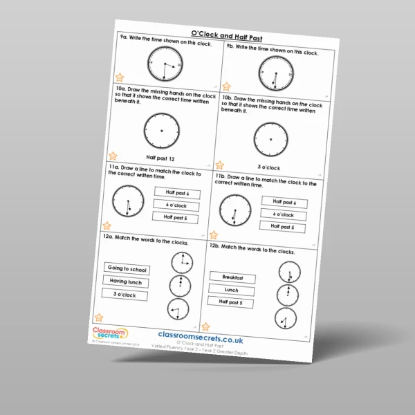 An image of the O'Clock and Half Past Varied Fluency Resource