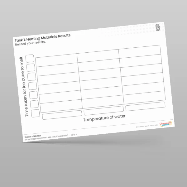 An image of the Lesson 3: Heating Materials Results Worksheet Resource