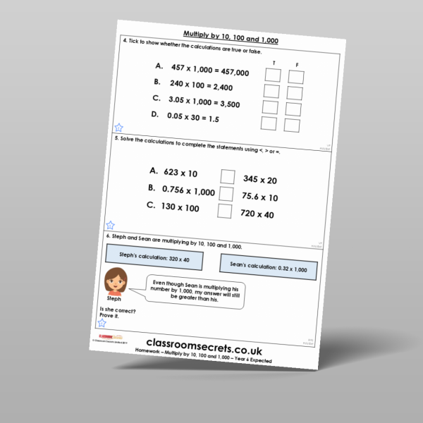 Year 6 Multiply By 10 100 And 1000 Homework Resource | Classroom Secrets