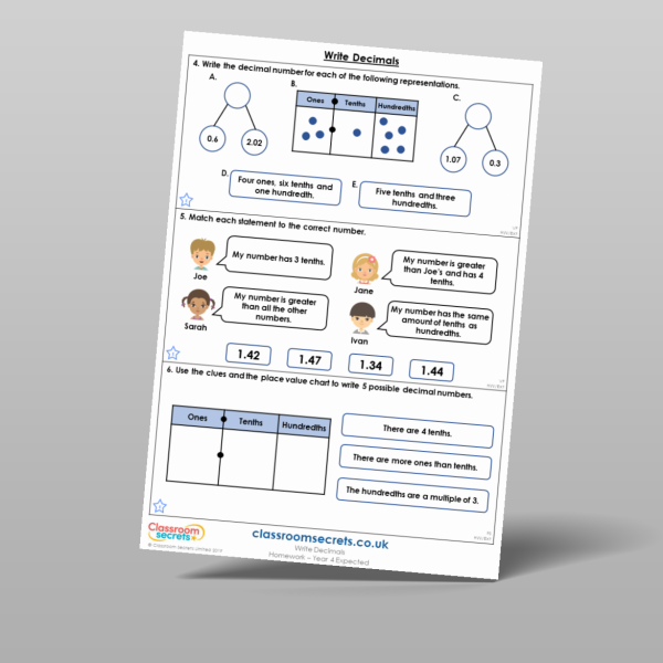Year 4 Write Decimals Homework Resource | Classroom Secrets