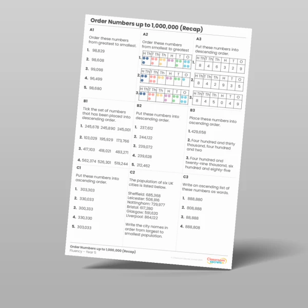 An image of the Order Numbers up to 1,000,000 (Recap) Fluency Matrix Resource