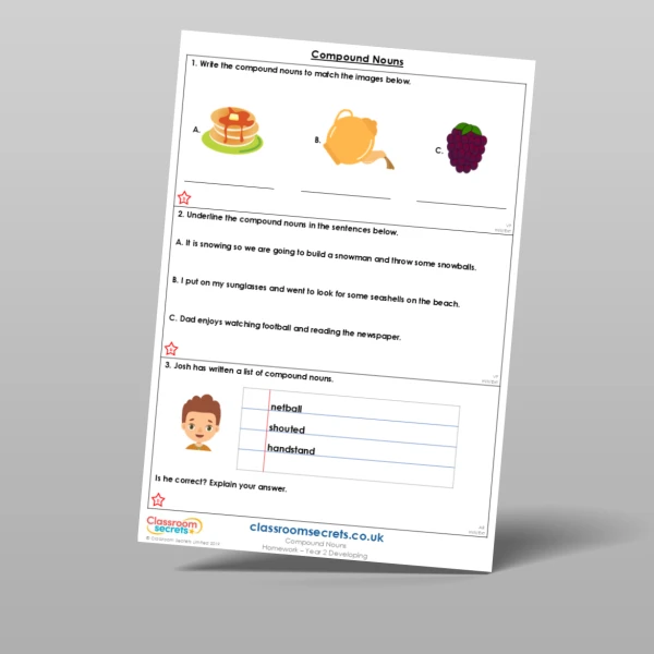 An image of the Free Compound Nouns Homework Resource