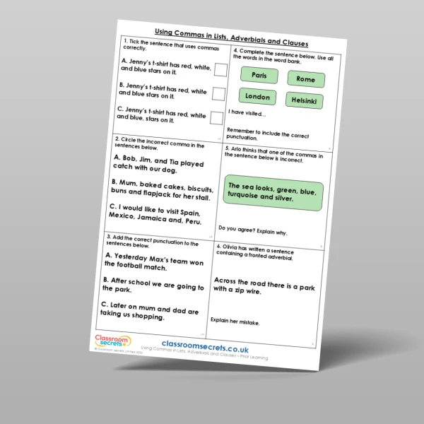 An image of the Using Commas in Lists, Adverbials and Clauses Prior Learning Resource