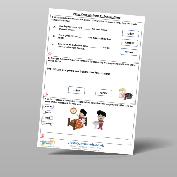 An image of the Using Conjunctions to Express Time Homework Resource