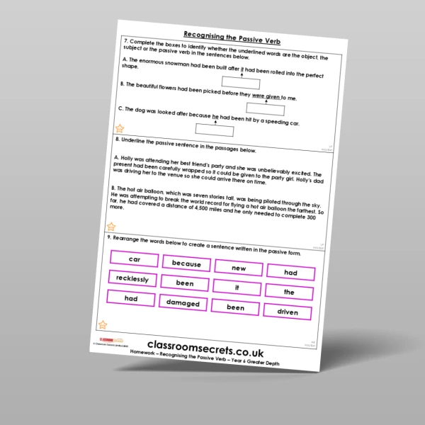 An image of the Recognising the Passive Verb Homework Resource