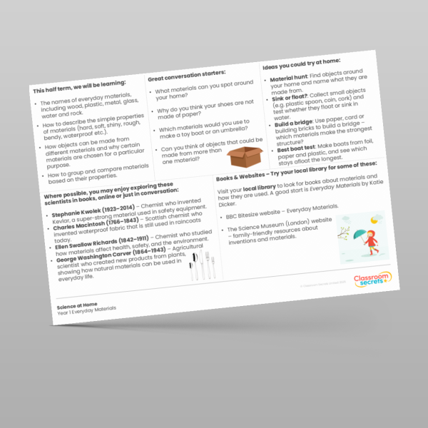 Year 1 Everyday Materials Science At Home Resource | Classroom Secrets