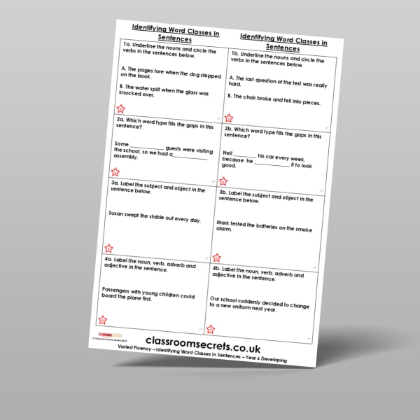 An image of the Identifying Word Classes in Sentences Varied Fluency Resource