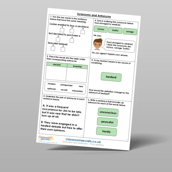 An image of the Synonyms and Antonyms Prior Learning Resource
