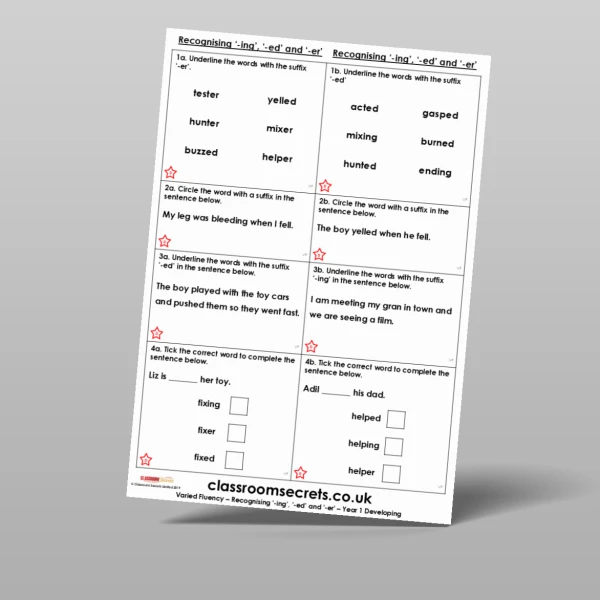 An image of the Recognising '-ing', '-ed' and '-er' Varied Fluency Resource