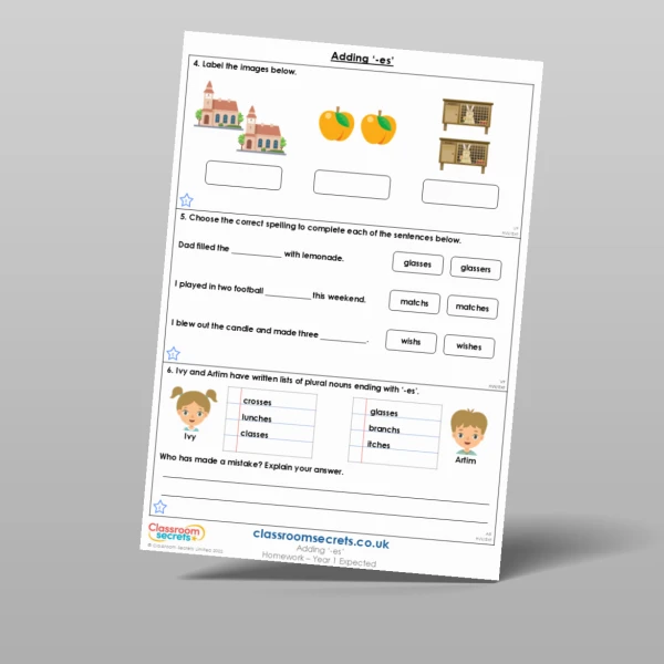 An image of the Adding '-es' Homework Resource