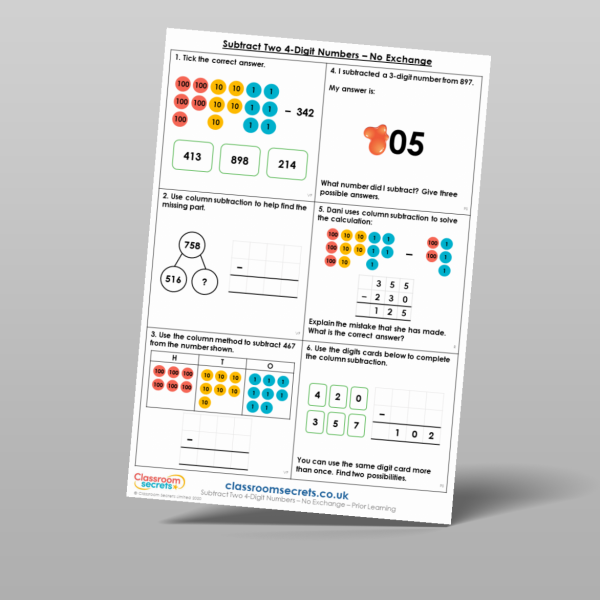 Year 4 Subtract Two 4 Digit Numbers No Exchange Prior Learning Resource ...