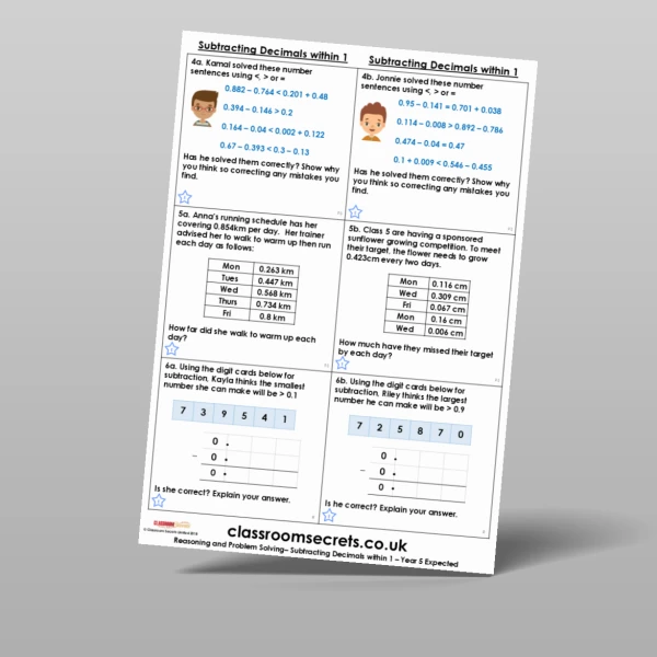 An image of the Subtracting Decimals within 1 Reasoning and Problem Solving Resource