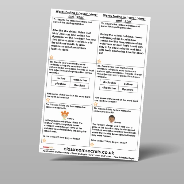 An image of the Words Ending in '-sure', '-ture' and '-cher' Application and Reasoning Resource