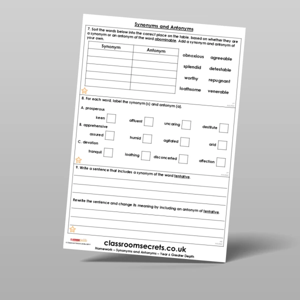 An image of the Synonyms and Antonyms Homework Resource