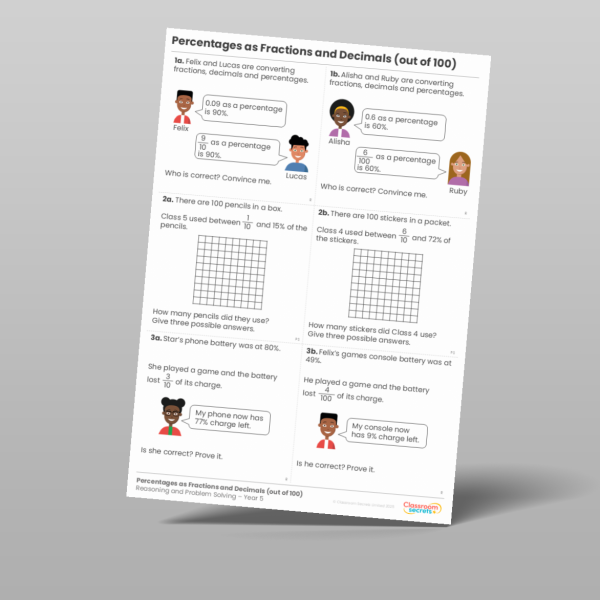 Year 5 Percentages As Fractions And Decimals Out Of 100 Reasoning And ...