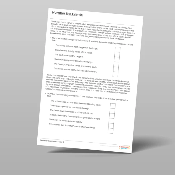 An image of the Number the Events Reading Practice - The Heart Resource