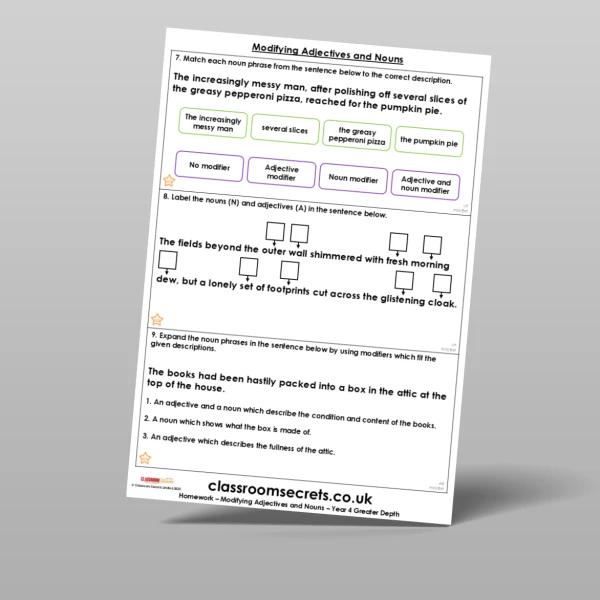An image of the Modifying Adjectives and Nouns Homework Resource