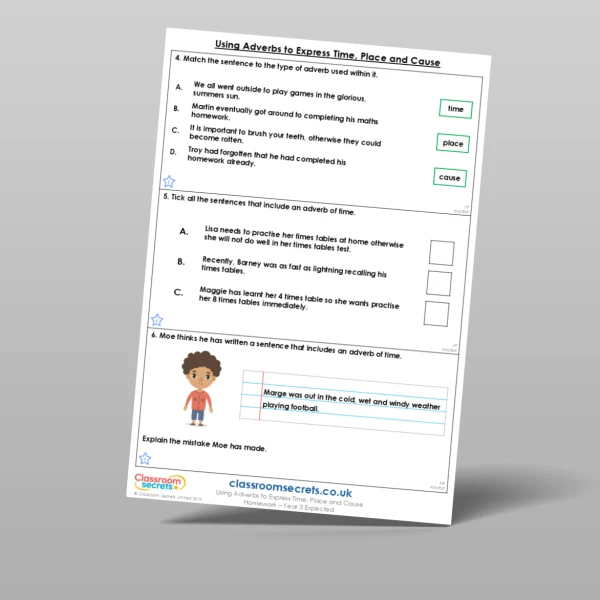 An image of the Using Adverbs to Express Time, Place and Cause Homework Resource