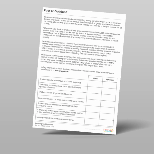 An image of the Fact or Opinion? Reading Test Practice Resource