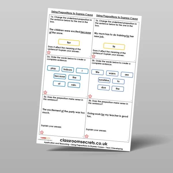 An image of the Using Prepositions to Express Cause Application and Reasoning Resource