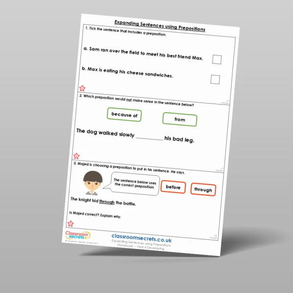 An image of the Expanding Sentences using Prepositions Homework Resource