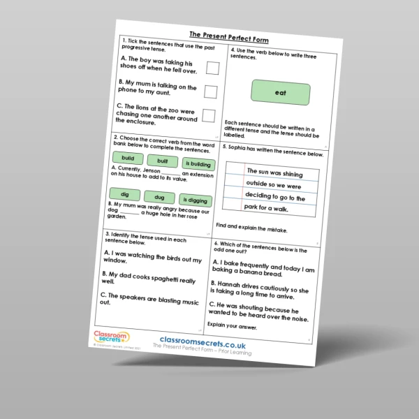 An image of the The Present Perfect Form Prior Learning Resource