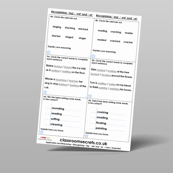 An image of the Recognising '-ing', '-ed' and '-er' Application and Reasoning Resource