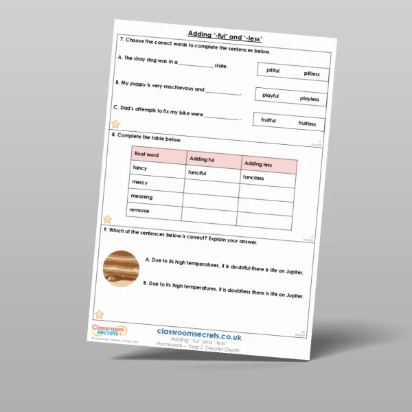 An image of the Adding '-ful' and '-less' Homework Resource
