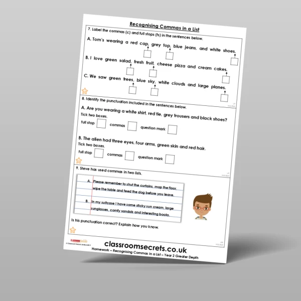 An image of the Free Recognising Commas in a List Homework Resource