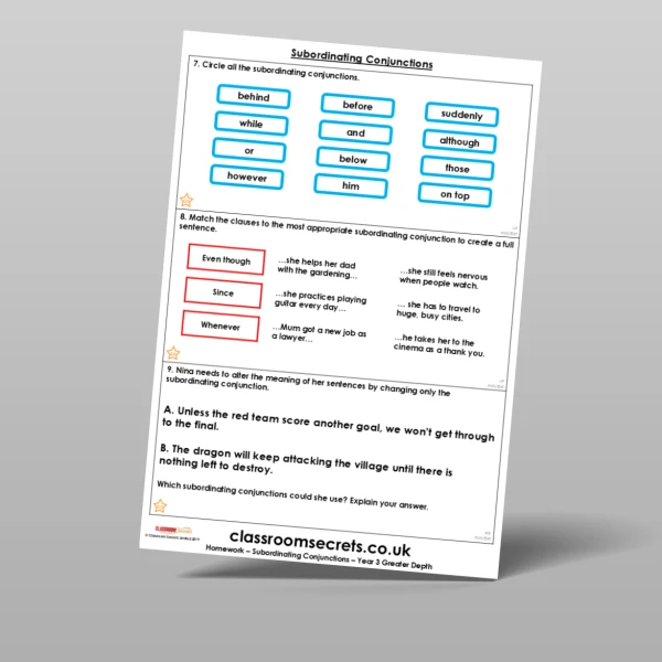 An image of the Subordinating Conjunctions Homework Resource