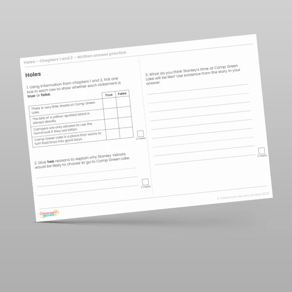 An image of the Reading Skills - Holes - Chapters 1 and 2 Resource