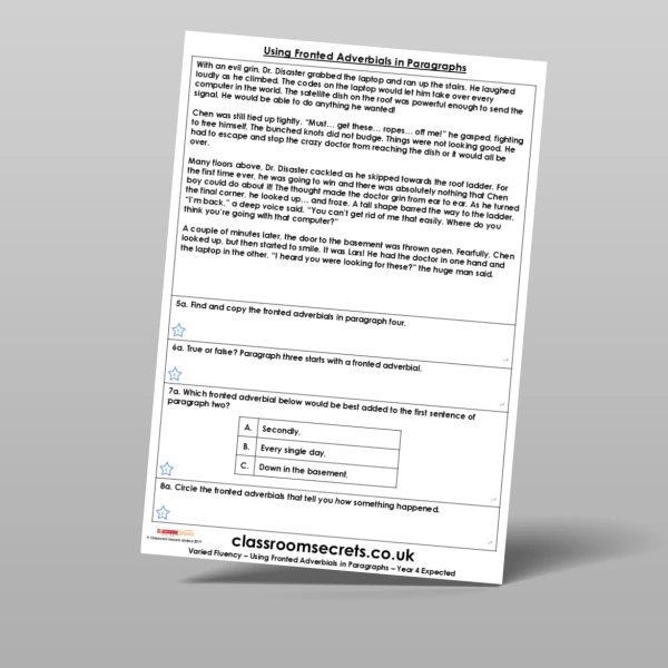 An image of the Using Fronted Adverbials in Paragraphs Varied Fluency Resource