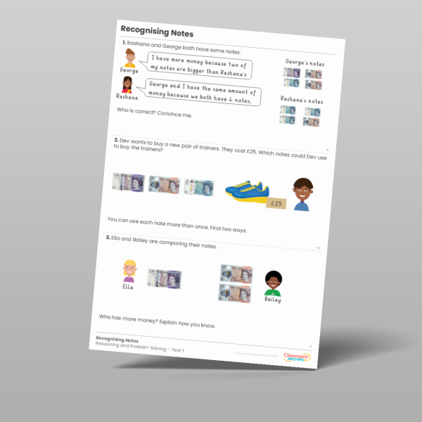 Year 1 Recognise Notes Reasoning And Problem Solving 2 Resource