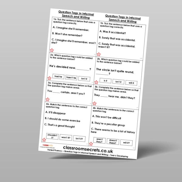 An image of the Question Tags in Informal Speech and Writing Varied Fluency Resource